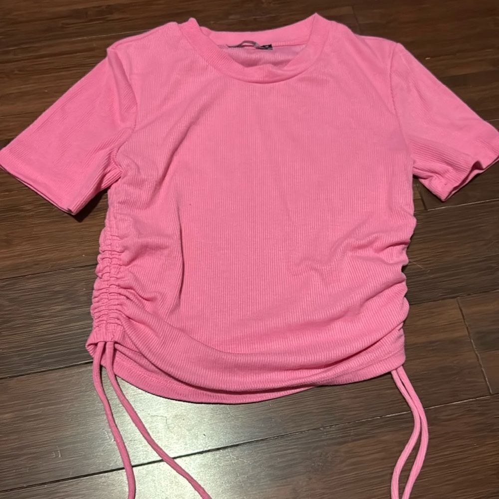 Pink Zara Ribbed Crop Top - Side Tie Up - Can Adjust Length - T Shirt - Medium